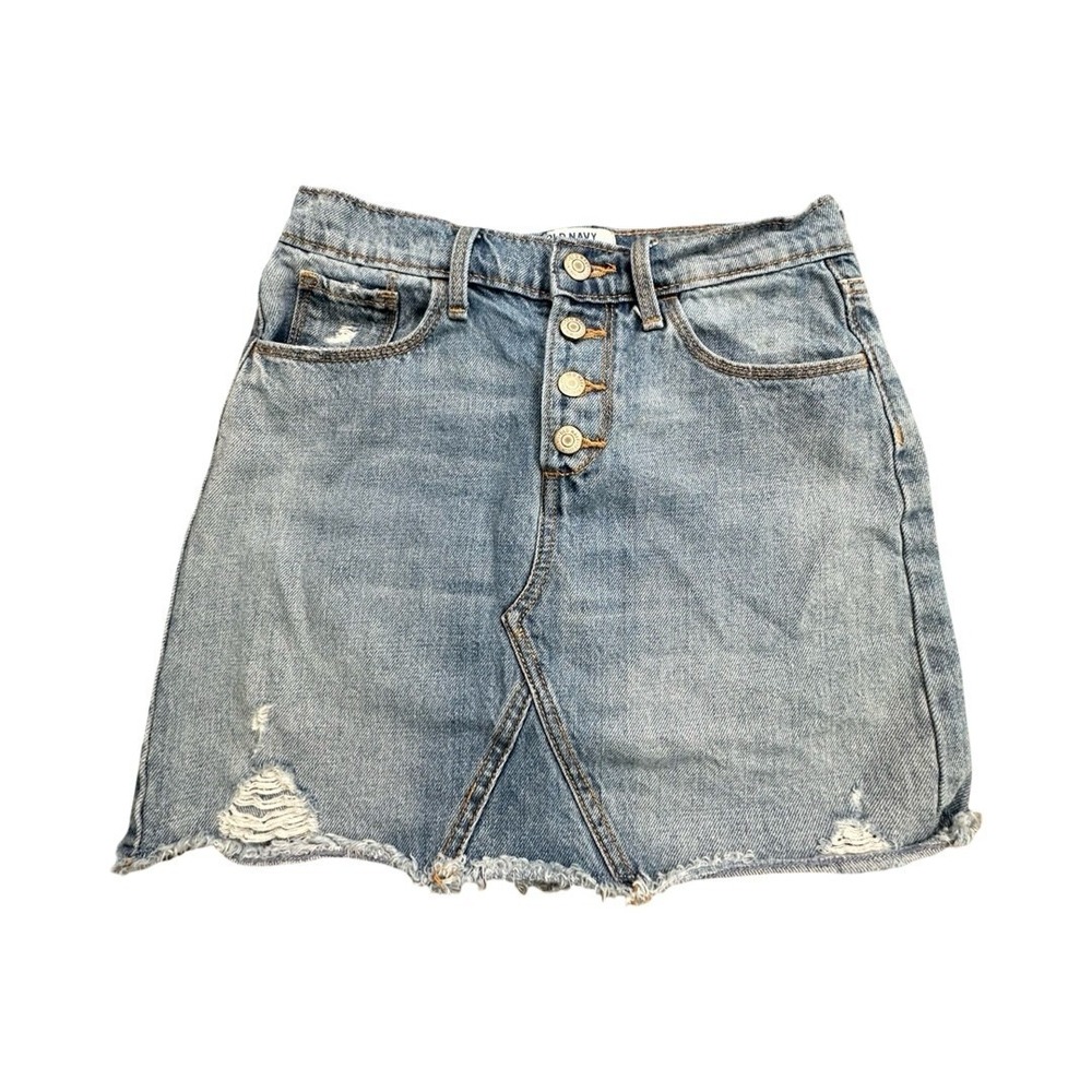 Old Navy Denim Skirt Girls L 10-12 Blue Distressed Mini Button Front Raw Hem